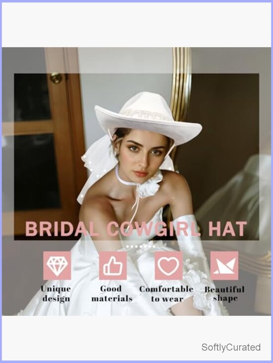 White Cowgirl Hat with Veil and Diamond Ring Balloon, 2 Piece Bridal Set main image 6